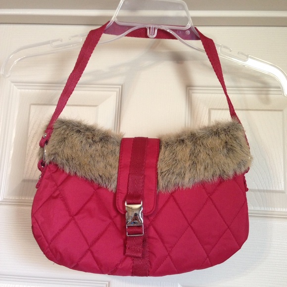 red faux fur purse